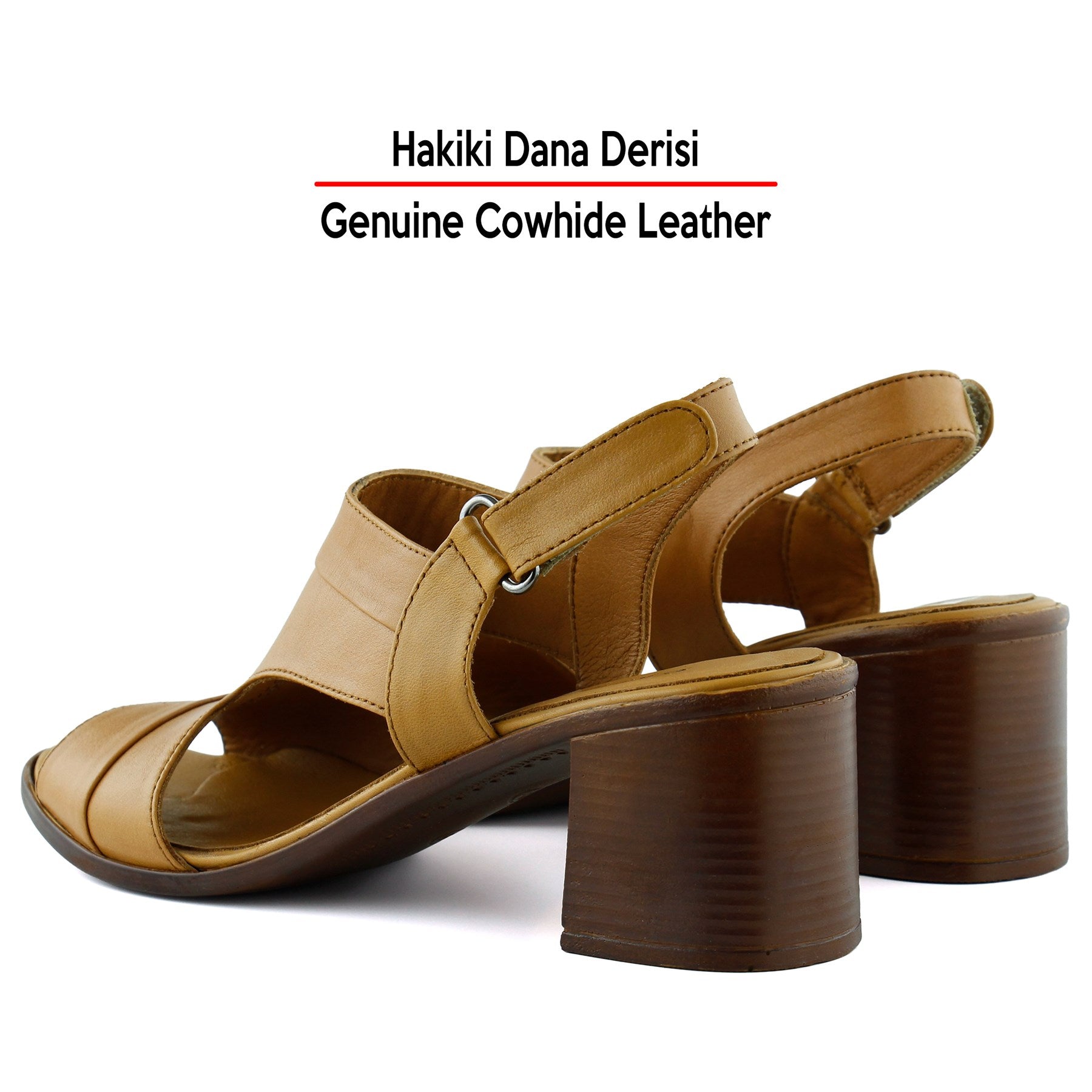 Kanne Taba Hakiki Dana Derisi Cırt Bantlı Kalın Topuklu Rahat Günlük Sandalet