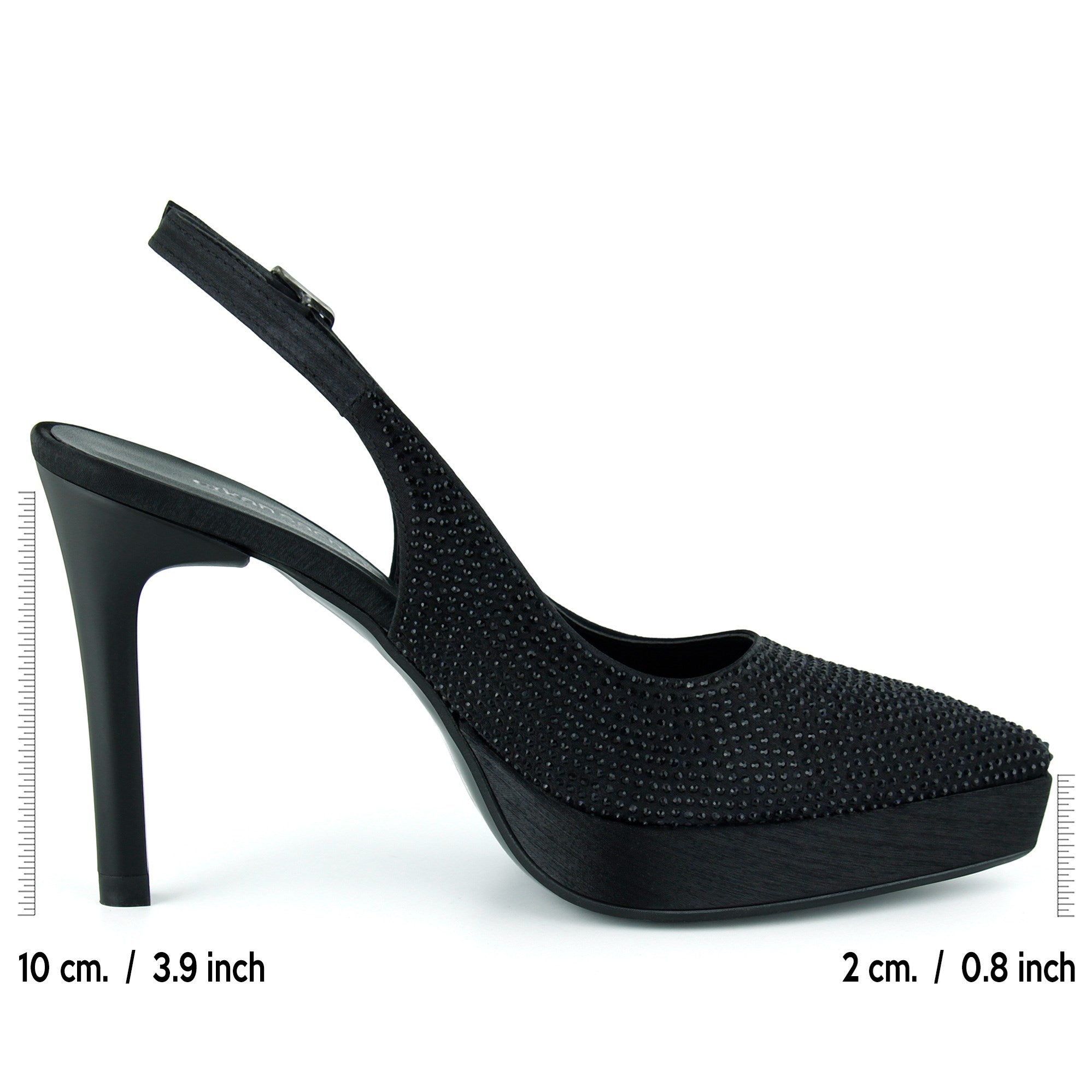Cecilia Siyah Saten Taşlı Sivri Burun Arkası Açık İnce Platform Topuklu Abiye Ayakkabı