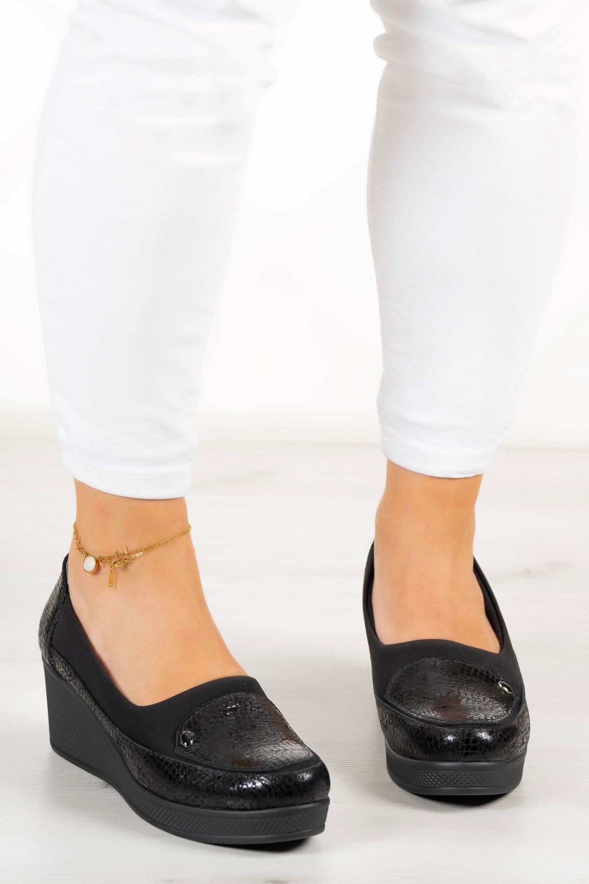 Priscilla Siyah Yılan Hakiki Deri Dolgu Topuklu Streç Günlük Ayakkabı