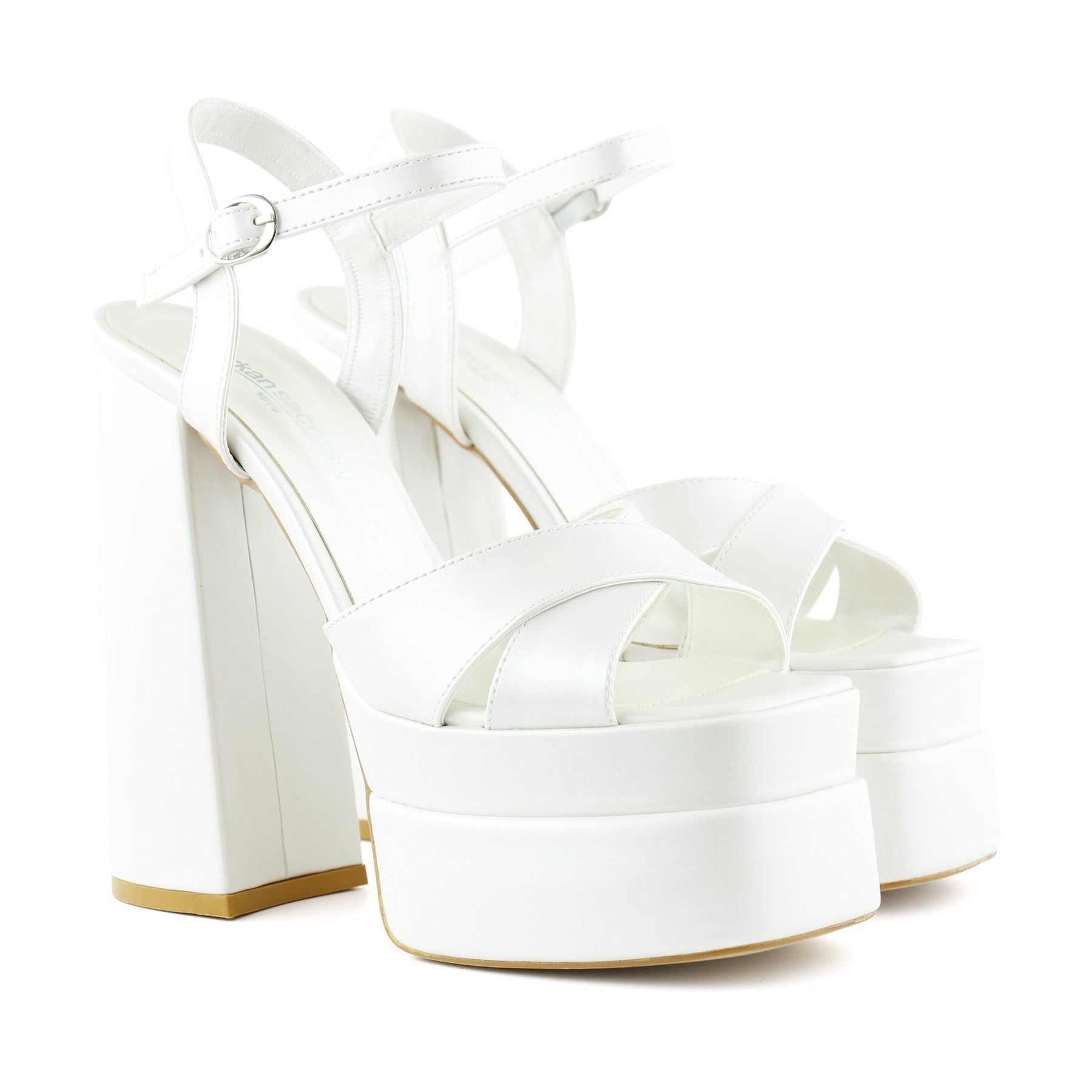 Whitney İnci Beyaz Önü Arkası Açık Çift Platformlu Bantlı Abiye Gelin Ayakkabısı