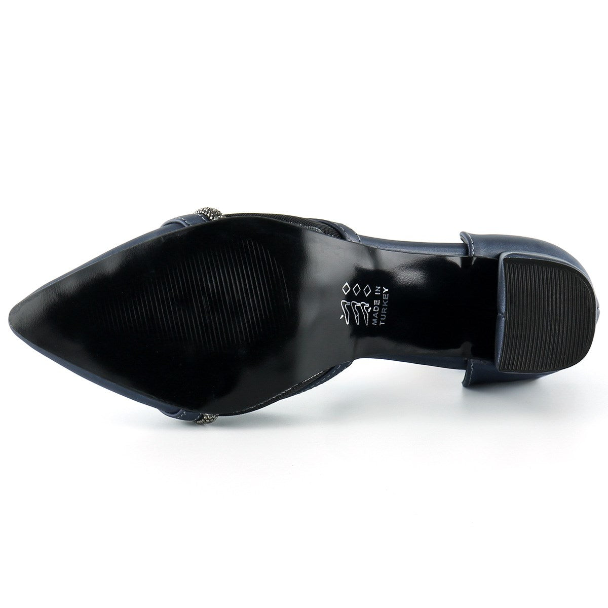 Molly Lacivert Saten Taşlı Fileli Kalın Topuklu Ayakkabı