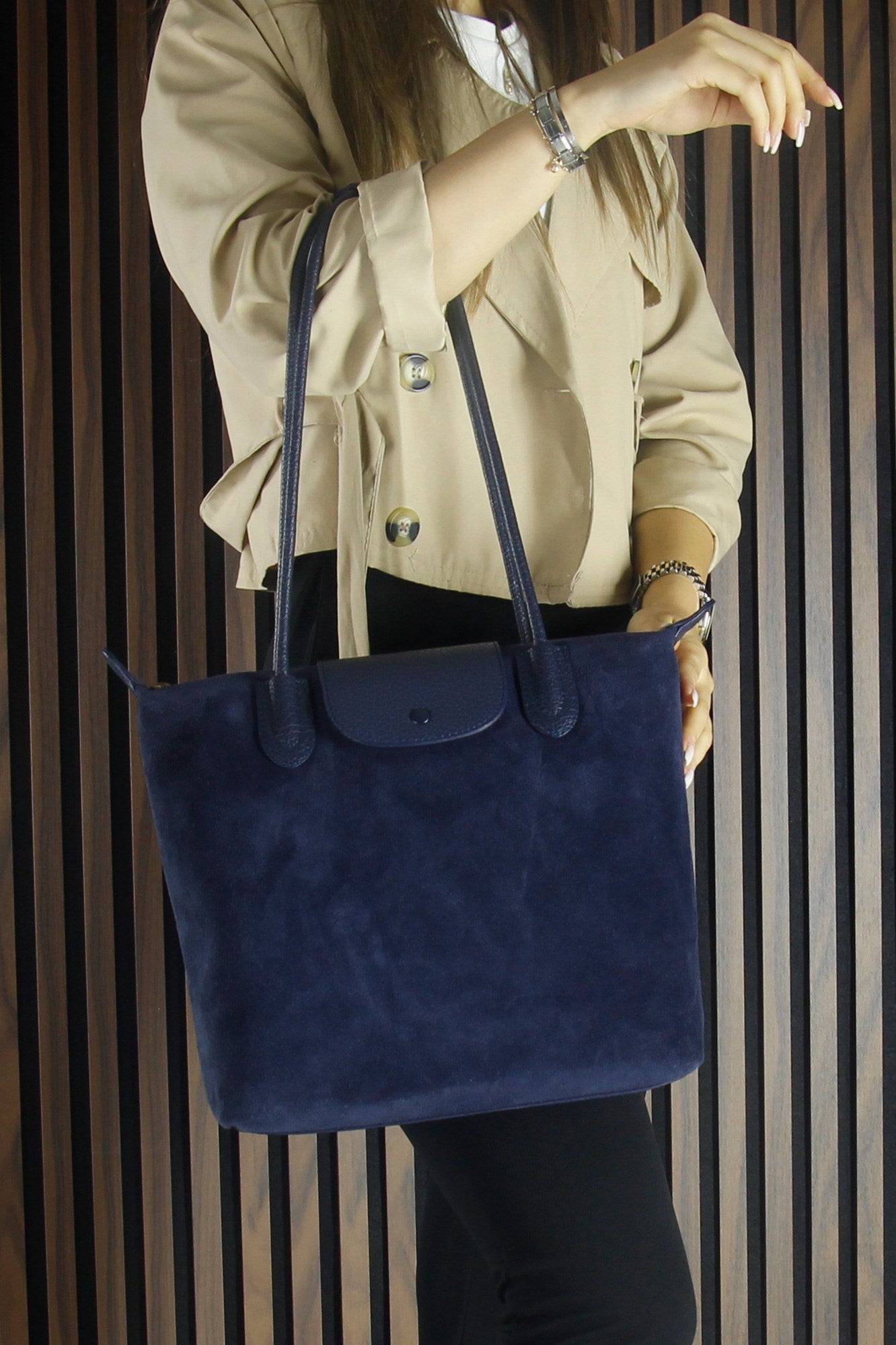 (VSN5017OC) Lacivert Hakiki Dana Süet Fermuarlı Manyetik Kapaklı Büyük Boy Günlük Omuz Çantası