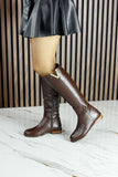 [MAX 425] Kahverengi Hakiki Dana Derisi Metal Aksesuarlı Fermuarlı Yuvarlak Burun Kalın Topuklu Çizme