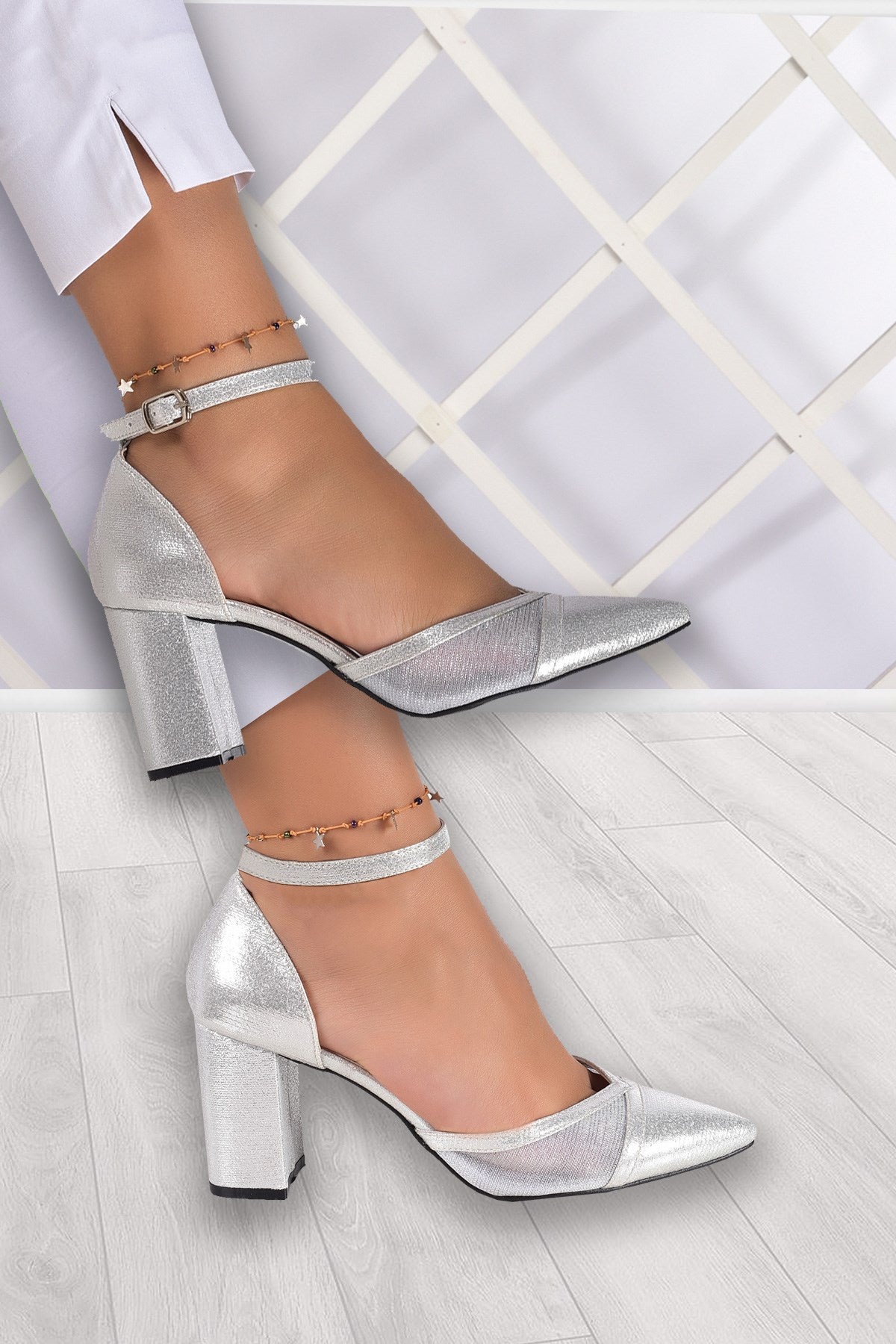 Diana Lame Fileli Kalın Topuklu Ayakkabı