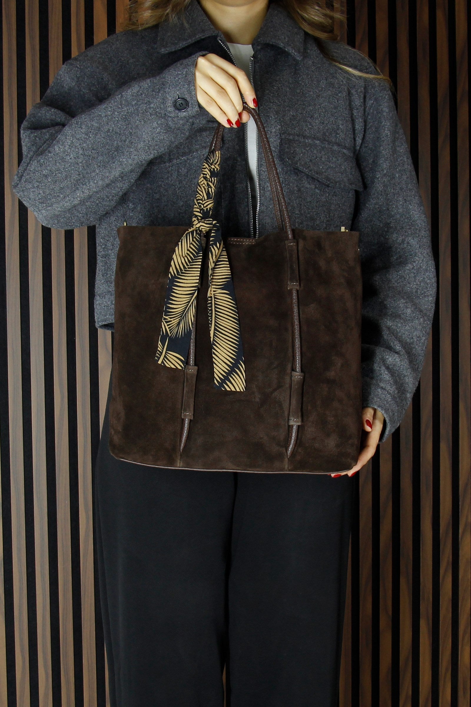 (VSN5013OC) Kahve Hakiki Dana Süet Manyetik Kapaklı Fermuarlı İç Cepli Askılı Büyük Boy Günlük Omuz Çantası