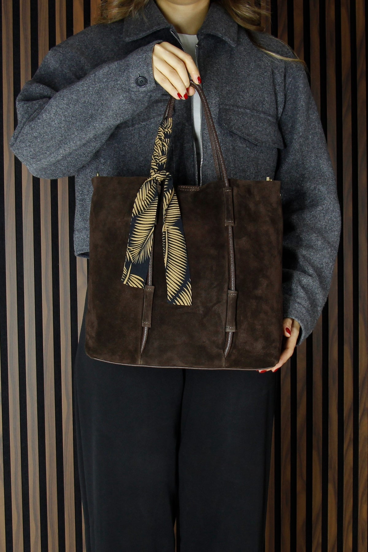 (VSN5013OC) Kahve Hakiki Dana Süet Manyetik Kapaklı Fermuarlı İç Cepli Askılı Büyük Boy Günlük Omuz Çantası