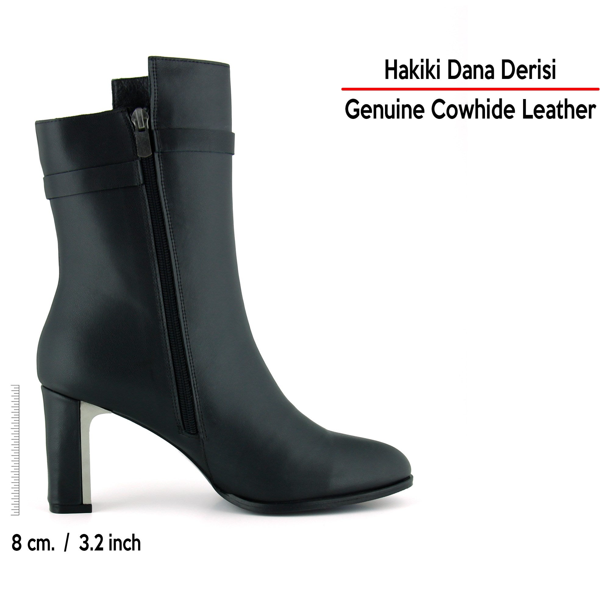 [MAX Y-702] Siyah Hakiki Dana Derisi Tokalı Fermuarlı Sivri Burun Kalın Topuklu Günlük Yarım Çizme