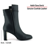 [MAX Y-702] Siyah Hakiki Dana Derisi Tokalı Fermuarlı Sivri Burun Kalın Topuklu Günlük Yarım Çizme