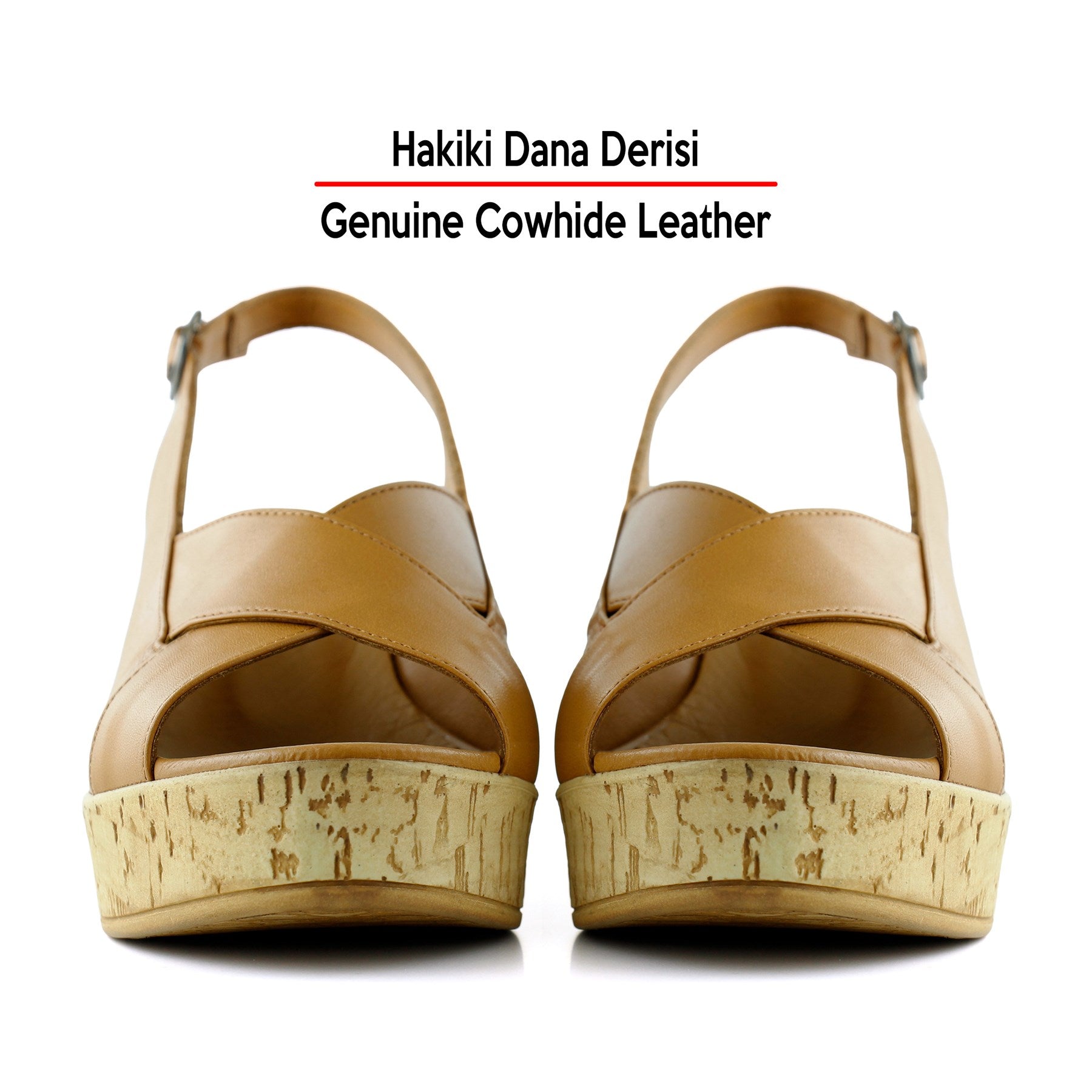 Luna Taba Hakiki Dana Derisi Çapraz Bantlı Mantar Taban Görünümlü Dolgu Topuklu Sandalet