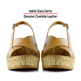 Luna Taba Hakiki Dana Derisi Çapraz Bantlı Mantar Taban Görünümlü Dolgu Topuklu Sandalet