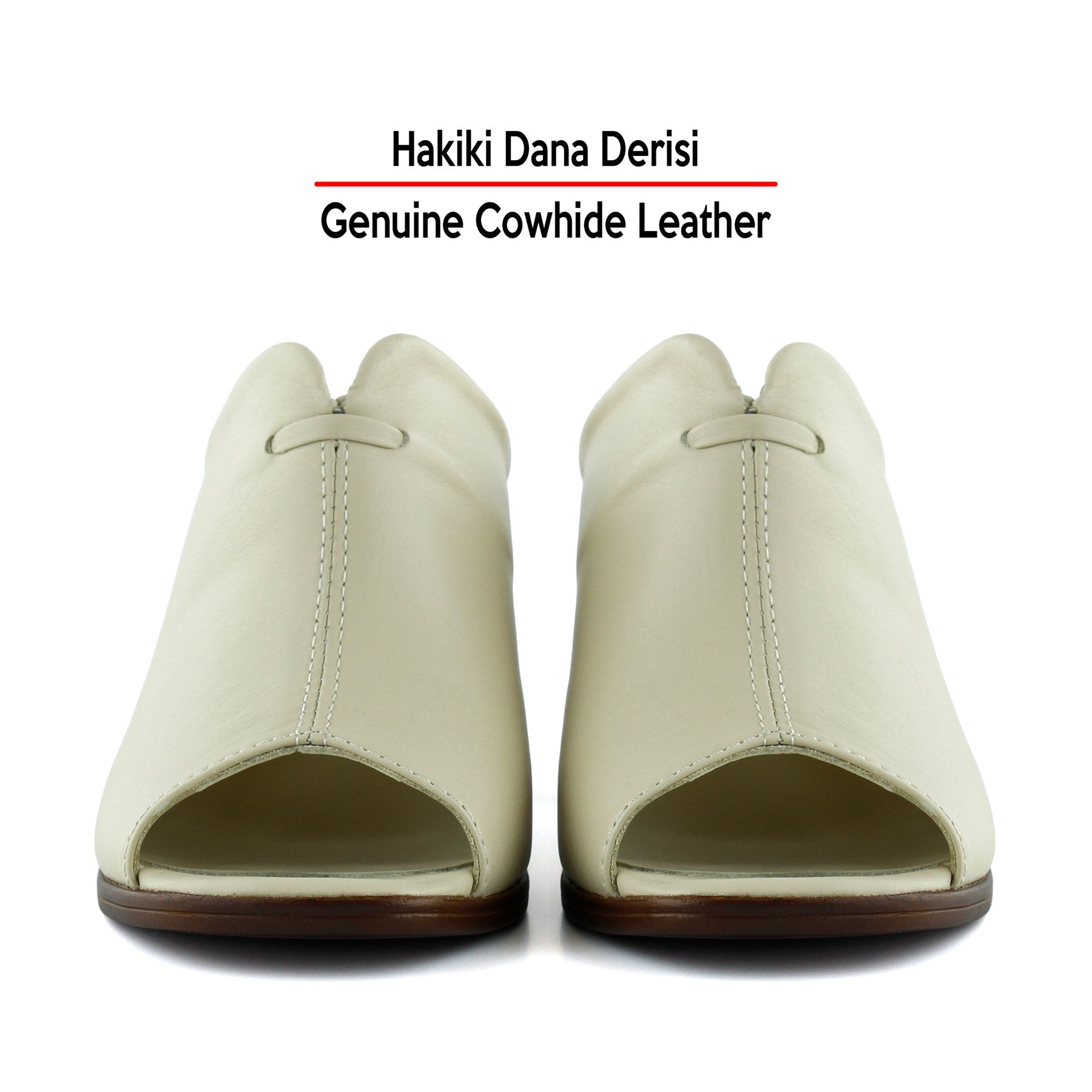 Valery Bej Hakiki Dana Derisi Önü Açık Kalın Topuklu Terlik