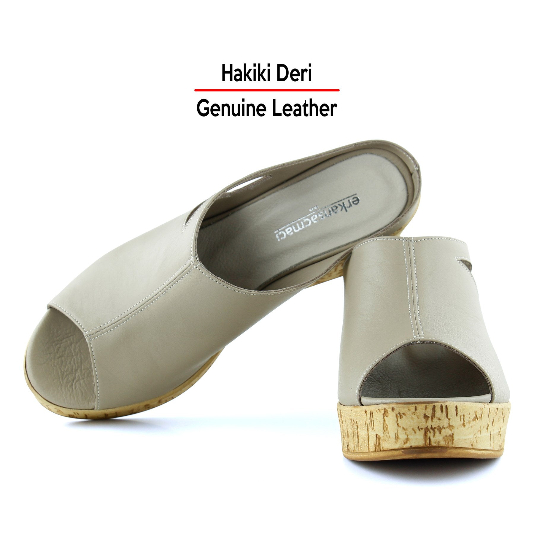 Drusilla Vizon Hakiki Deri Önü Açık Kesik Detaylı Mantar Taban Görünümlü Dolgu Topuklu Terlik