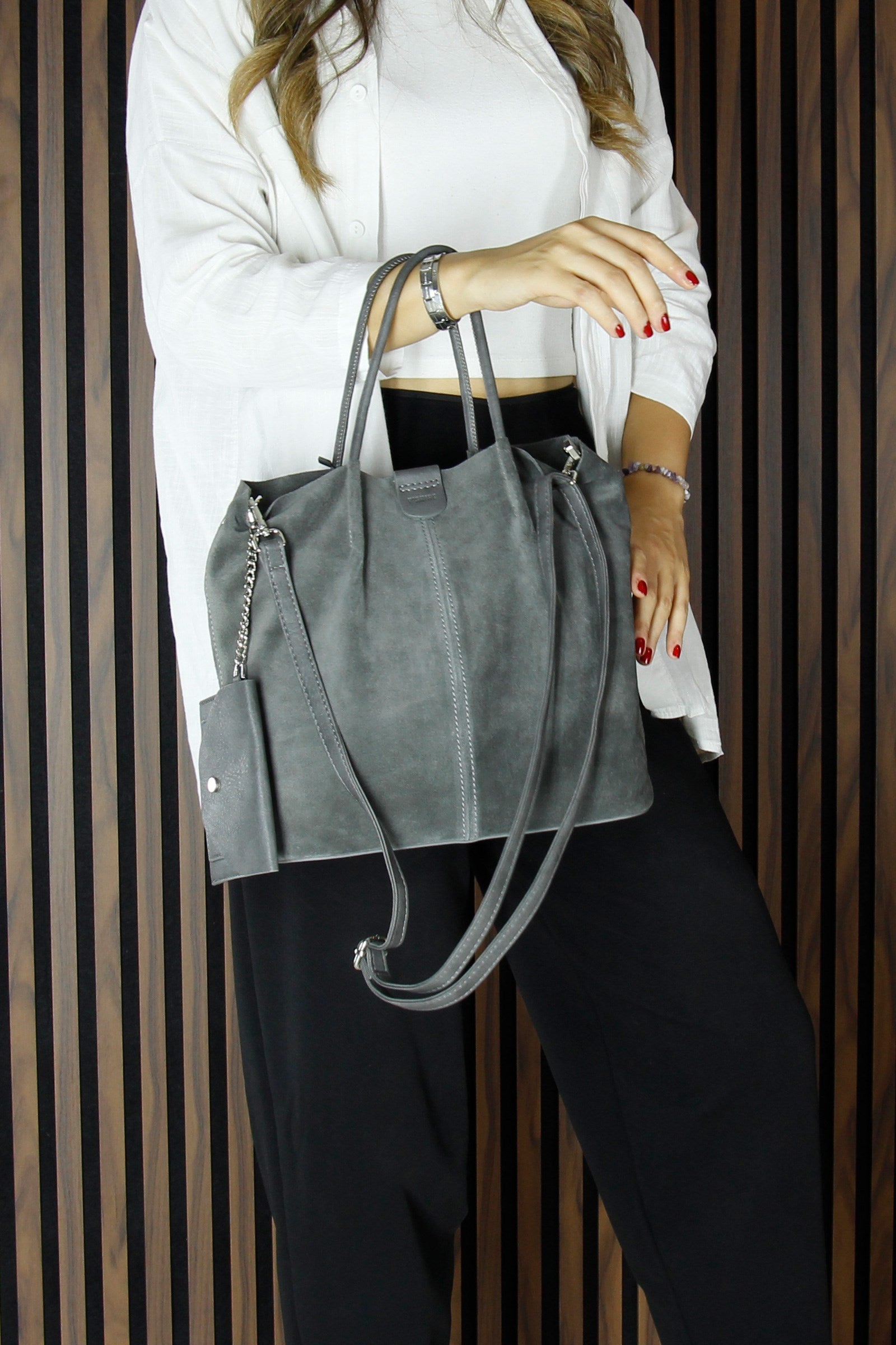 (VSN5010OC) Gri Hakiki Dana Süet Manyetik Kapaklı İç Cepli Askılı Günlük Büyük Boy Omuz Çantası ve Cüzdanı