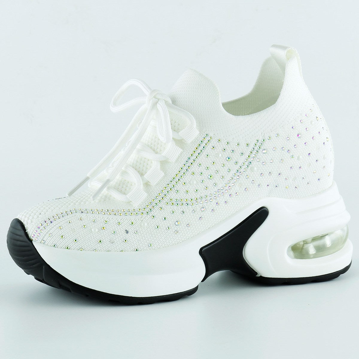 [5035] Beyaz Örgü Dokuma Kristal Taşlı Bağcıklı Hava Yastıklı Taban Gizli Dolgu Slip-on Sneaker