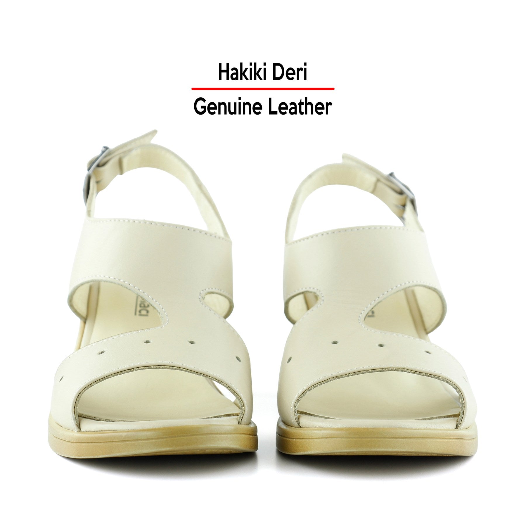 Ofelia Bej Hakiki Dana Derisi Delik Detaylı Tokalı Kalın Topuklu Rahat Günlük Sandalet