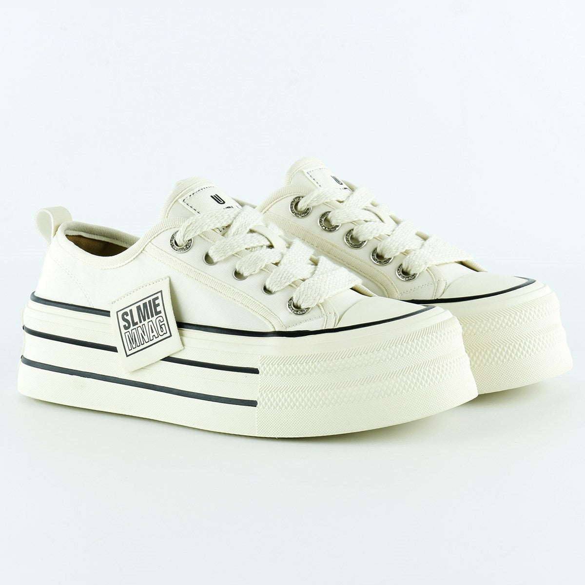 [5016] Bej Saten Yüksek Taban Spor Taşlı Bağcıklı Platform Sneaker