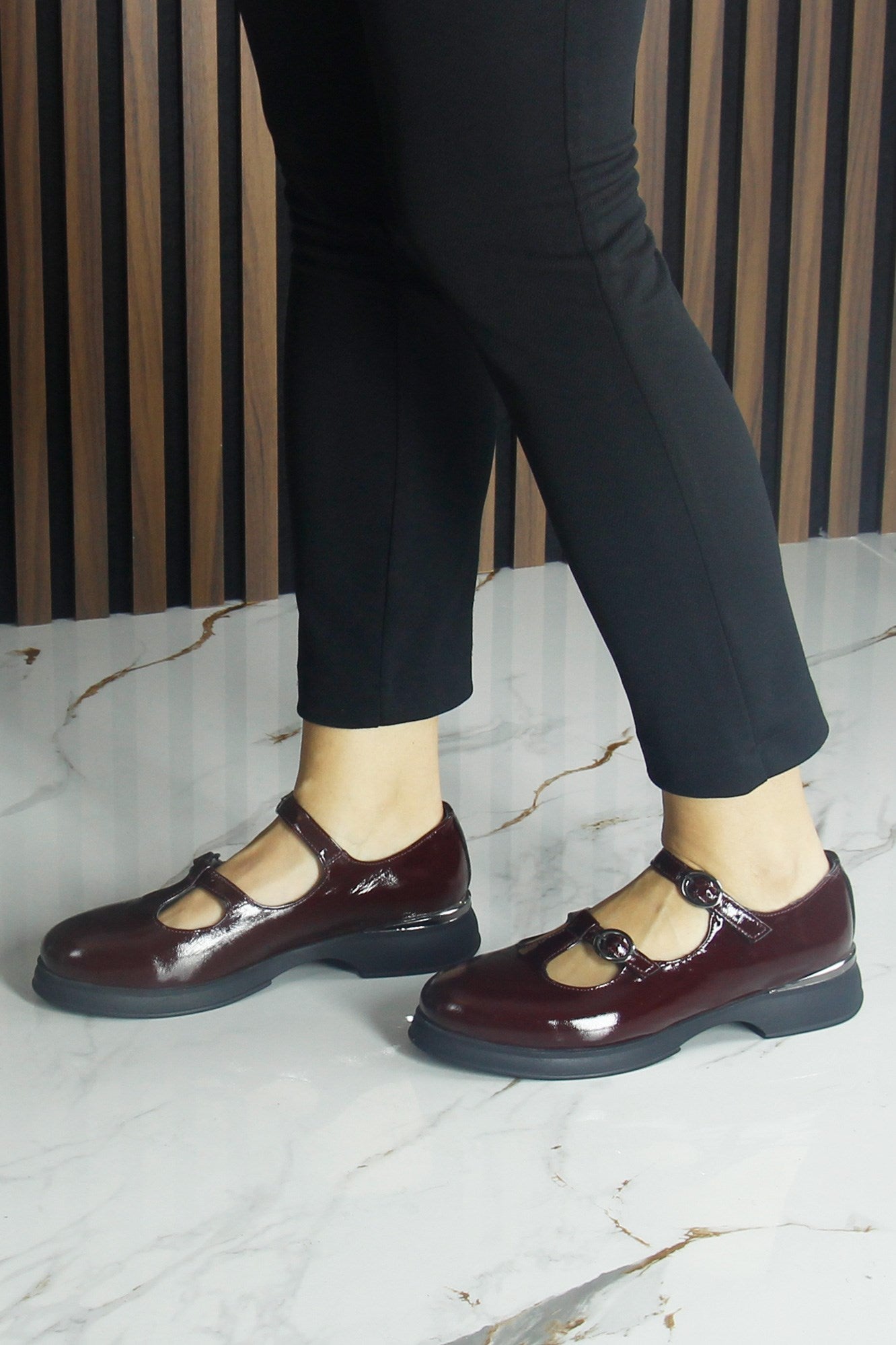 [MAX 53-120] Bordo Rugan Hakiki Dana Derisi Çift Bantlı Mary Jane Kalın Topuklu Günlük Ayakkabı