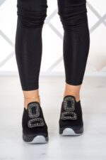 Almendra Platin Streç Siyah Taşlı Sneaker