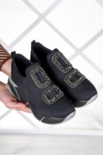 Almendra Platin Streç Siyah Taşlı Sneaker