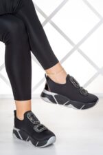 Almendra Platin Streç Siyah Taşlı Sneaker