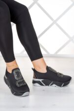 Almendra Platin Streç Siyah Taşlı Sneaker