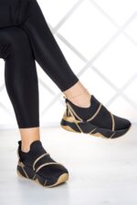 Barbara Siyah Streç Altın Taşlı Sneaker