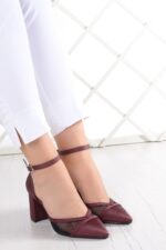Millie Bordo Saten Fileli Kalın Topuklu Abiye Ayakkabı
