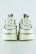 Beyaz Yüksek Taban Kristal Taşlı İnci Detaylı Bağcıklı Gelin Platform Sneaker