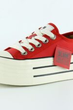 Kırmızı Saten Yüksek Taban Spor Taşlı Bağcıklı Platform Sneaker