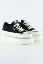 Siyah Beyaz Yüksek Taban Spor Kristal Taşlı İnci Detaylı Bağcıklı Platform Sneaker