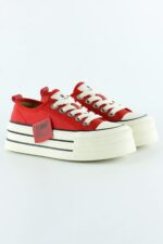 Kırmızı Saten Yüksek Taban Spor Taşlı Bağcıklı Platform Sneaker