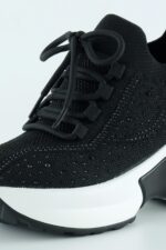 Siyah Beyaz Örgü Dokuma Kristal Taşlı Bağcıklı Hava Yastıklı Taban Gizli Dolgu Slip-on Sneaker