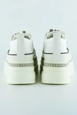 Beyaz Yüksek Taban Kristal Taşlı İnci Detaylı Bağcıklı Gelin Platform Sneaker