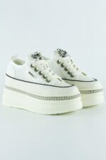 Beyaz Yüksek Taban Kristal Taşlı İnci Detaylı Bağcıklı Gelin Platform Sneaker