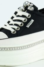 Siyah Beyaz Yüksek Taban Spor Kristal Taşlı İnci Detaylı Bağcıklı Platform Sneaker