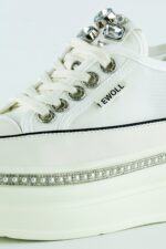 Beyaz Yüksek Taban Kristal Taşlı İnci Detaylı Bağcıklı Gelin Platform Sneaker