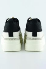 Siyah Beyaz Yüksek Taban Spor Kristal Taşlı İnci Detaylı Bağcıklı Platform Sneaker