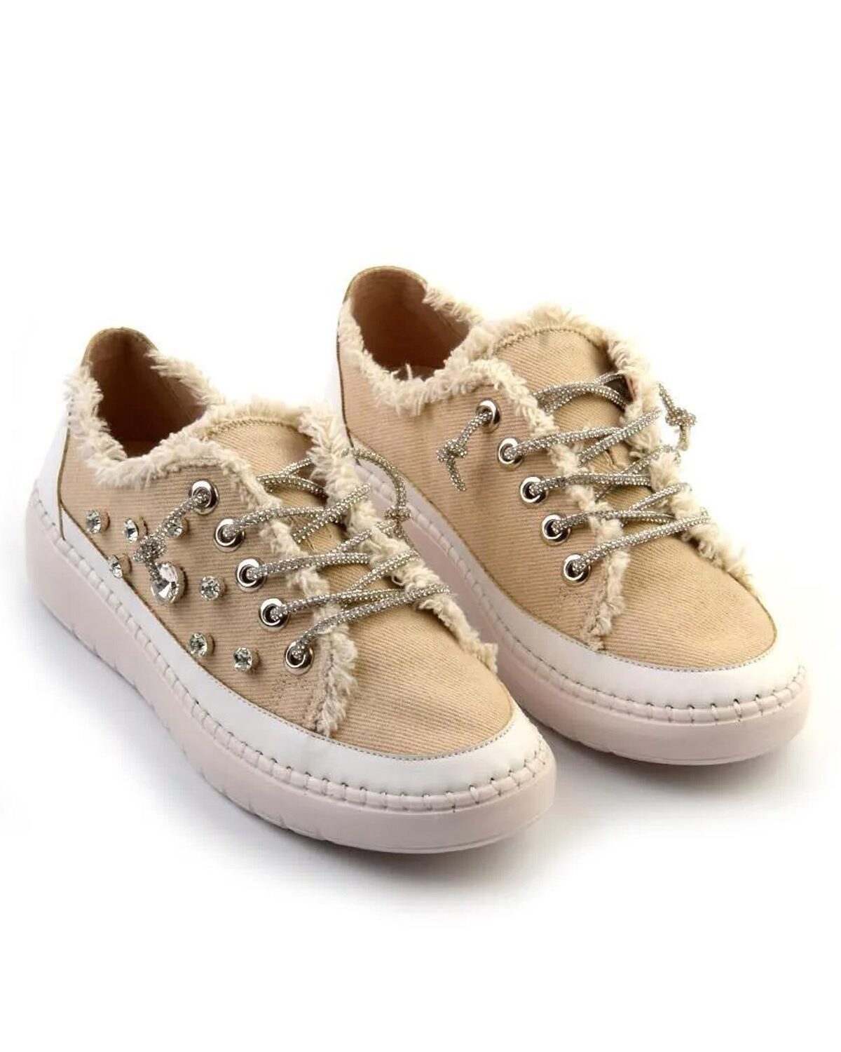 Valentina Bej Denim Kristal Taşlı Gümüş Bağcıklı Sneaker