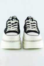 Siyah Beyaz Yüksek Taban Spor Kristal Taşlı İnci Detaylı Bağcıklı Platform Sneaker