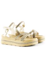Bej Saten Altın Kristal Taşlı Platform Sandalet