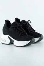 Siyah Beyaz Örgü Dokuma Kristal Taşlı Bağcıklı Hava Yastıklı Taban Gizli Dolgu Slip-on Sneaker