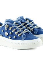 Valentina Mavi Denim Kristal Taşlı Gümüş Bağcıklı Sneaker